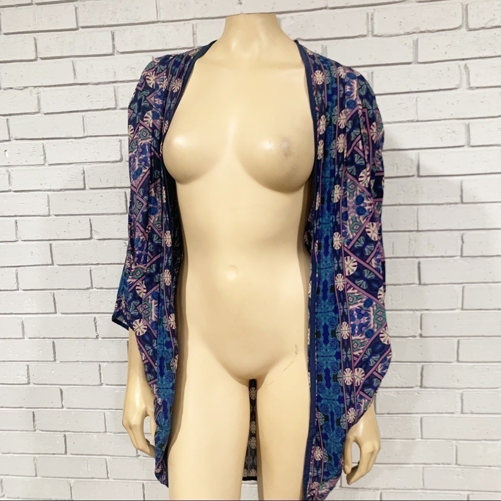 Feathers by Tolani Blue Purple Geometric Floral Kimono Cardigan OS Boho Coverup